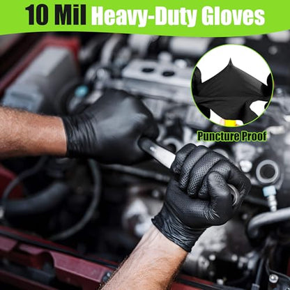 TREEGO 10 Mil Black Nitrile Gloves Heavy Duty — Raised Diamond Texture Grip, Latex Free Disposable Mechanic Work Gloves, Large, 100 Count - color: Black 100, size: Large