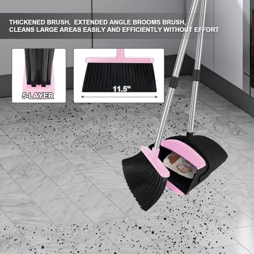 Pink Broom with Dustpan Combo Set, 51" Long Handle Household Cleaning Tool, Ideal Broom and Dustpan Set for Pet Hair and Home Use - color: Pink
