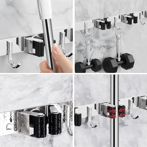 2 Packs 5 Racks and 4 Hooks Mop and Broom Holder Wall Mount, SUS304 Heavy Duty Broom Organizer Storage Tool Racks, Self Adhesive Solid Non-slip Tool Hangers for Home Kitchen Garden Laundry Garage - color: 5 Racks & 4 Hooks (Silver) - 2 Pack
