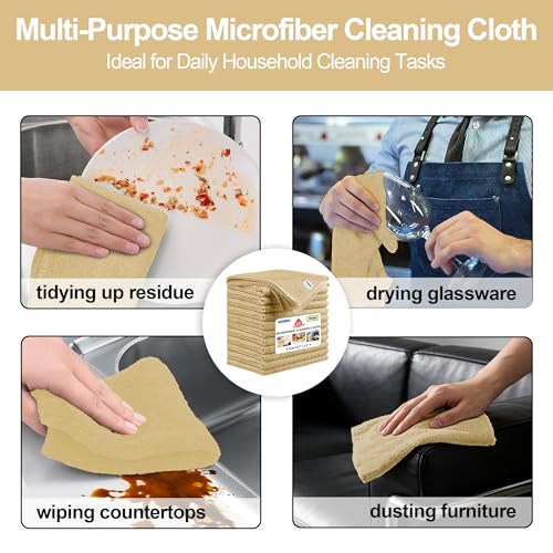 Microfiber Cleaning Cloth, 12 Pack Biege Cleaning Rags,12" X 11" Lint Free Dish Towels Wash Cloths, Reusable Microfiber Towels for Home and Kitchen Bathroom Apartment Cleaning Supplies - color: Beige, size: 12 Pack