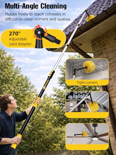 6-24ft Cobweb Duster with Extension Pole, Opow 32ft High Reach Spider Web Brush, Aluminum Telescopic Pole, Webster Duster with 2 Washable Heads and Universal Joint Angle Adaptor for Outdoor & Indoor - size: 24 feet