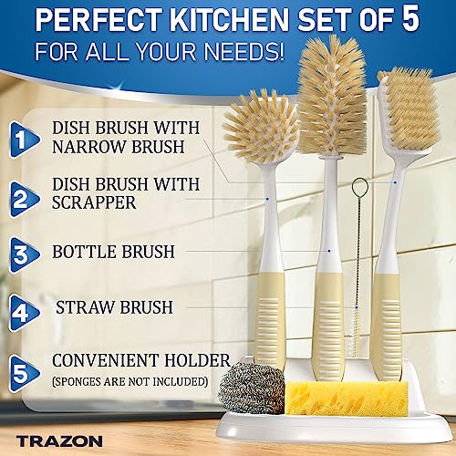 Dish Brush Set of 5 with Holder - Kitchen Scrub Brushes with Non-Slip Long Handle for Cleaning, Scrubber, Dishwashing, Dishes, Bottles, Straws, Cups, Pots & Sink, Baige - color: Baige, Set of 5 With Holder