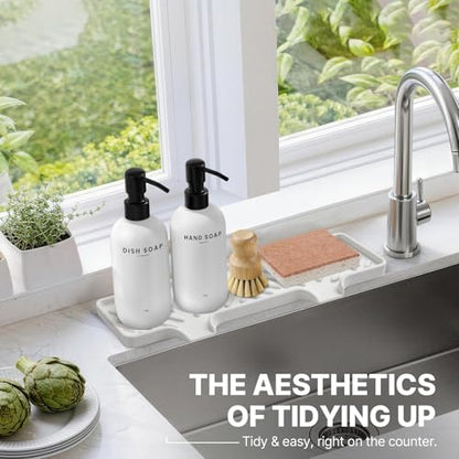 Kitchen Soap Dispenser Set, Kitchen Sink Organizer with Self Draining Silicone Tray, 2 x 17oz Glass Soap Dispensers, Stainless Steel Pumps, Bamboo Brush & Sisal Sponge - White - color: White Bottle + Black Pump