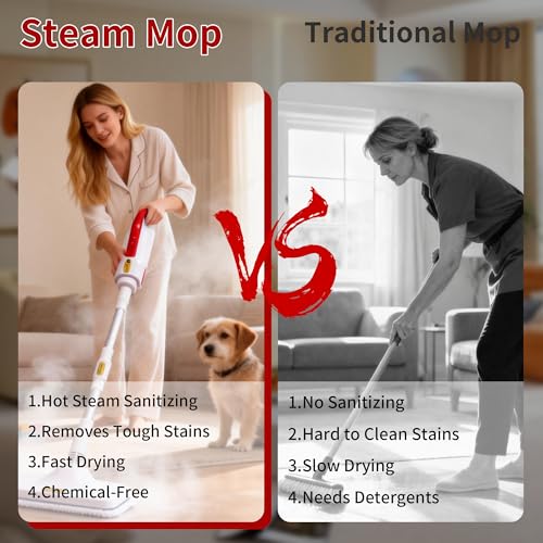 Steam Mop and Multifunctional Steam Cleaner | 1500W, 300ml Tank, 3-Level Control, Mop Head Glass Brush Curved Nozzle, For Floor Carpet Tile