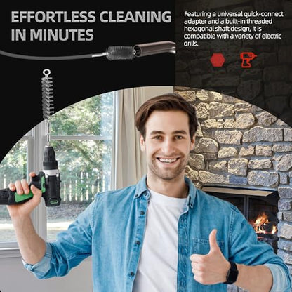 Drill-Powered Chimney & Pipe Cleaning Brush Kit - 50" Flexible Rods, 4 Stainless Steel Brush Heads (15-50mm), for Fireplace, Auto Parts, Tubes