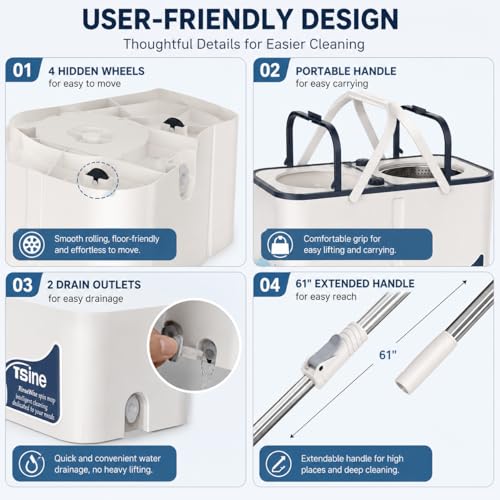 Gen 1 Large-Capacity Spin Mop and Bucket – for Big Homes & Deep Cleaning Days,4-Chamber System Separates Dirty & Clean Water, 2-GAL Heavy-Duty Design with Wheels & 8 Refill Mop Heads - White/Blue - size: White/Blue+8 Mop Heads