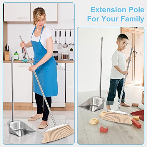 VOOWO Broom and Dustpan Set for Home, Stainless Steel Broom and Dustpan Set with Long Handle, Heavy Duty Dustpan Broom Set Standing Dust Pan Kitchen and Home Indoor Outdoor Broom - color: Silver Broom and Dustpan Set