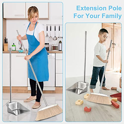 VOOWO Broom and Dustpan Set for Home, Stainless Steel Broom and Dustpan Set with Long Handle, Heavy Duty Dustpan Broom Set Standing Dust Pan Kitchen and Home Indoor Outdoor Broom - color: Silver Broom and Dustpan Set