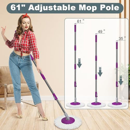 Dual Compartment Spin Mop and Bucket, Mop and Bucket with Wringer Set,360°Rotating Spinning Mopping for Floor Cleaning with 6 Microfiber Replacement Heads, 61" Extended Handle, 2X Wheel - size: Purple Mop Bucket + 6 Mop Heads