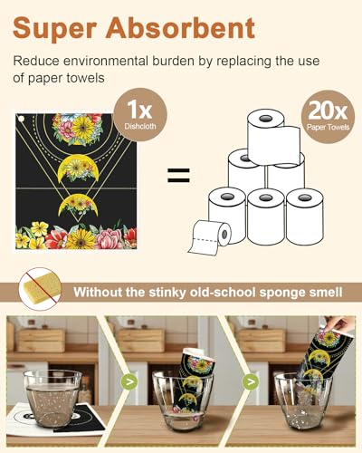 Miss Adola Swedish Dishcloths for Kitchen with Hooks - Reusable Dish Cloths for Washing Dishes Fast Drying Cute Fun 5 Pack Swedish Dish Towels Washable Cleaning Sponge, Sun Moon - color: Sun Moon