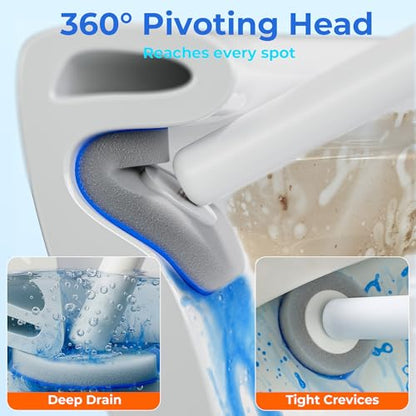 Disposable Toilet Brush and Holder Set - Hands-Free Eject Sponge Toilet Wand with Floor Standing Caddy, Secure-Lock Hangable Toilet Scrubber