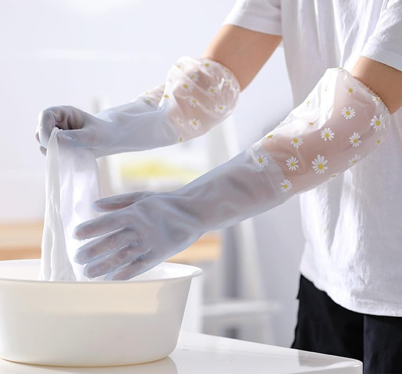 1 Pair M Code Reusable Rubber Dishwashing Gloves,Long Waterproof Cleaning Gloves with Elastic Cuffs for Kitchen Laundry Gardening Household(Blue)