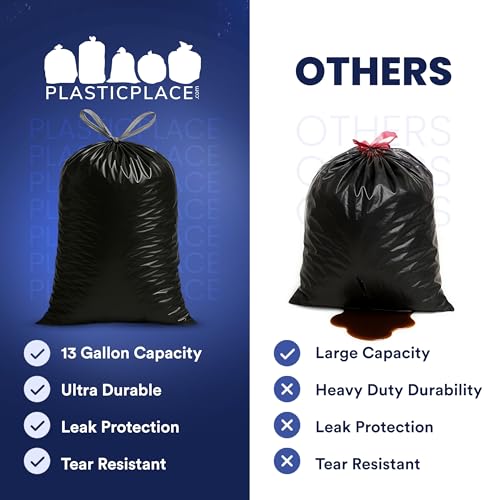 Plasticplace 32-33 Gallon Trash Bags │ 1.2 Mil │ Drawstring Garbage Can Liners │ 33” x 39”, Black, 100 Count