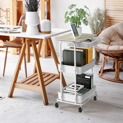 Simple Houseware 3-Tier Rolling Utility Cart with Drawer & Wood Tabletop - Mobile Sofa Side Table, Nightstand, Slim Storage Organizer Trolley for Bedroom, Bathroom, Office & Art Supplies, Maple - color: Maple