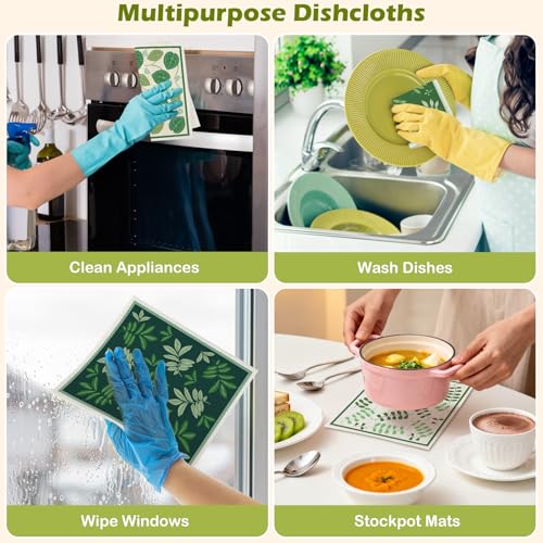 6 Packs Swedish Paper Cloths for Kitchen, Reusable Paper Towels Washable Dish Rags, Highly Absorbent Kitchen Towels Quick Drying Swedish Sponge Cleaning Dish Cloths(Green Plant Leaves) - color: Green Plant Leaves