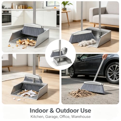 Heavy Duty 304 Stainless Steel Dustpan and Broom Set, Long Handle Self Standing Dust Pan with Wide Mouth Pet Hair Comb Teeth, Indoor Outdoor Cleaning Set for Kitchen Garage Office