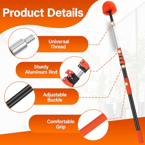 20FT Cobweb Duster with Extension Pole - High Reach Duster for High Ceilings & Outdoor Use - Telescoping Pole 3-12 Ft, Soft Bristles Cobweb Cleaner - 3/4" Acme Universal Thread - size: 12 FT
