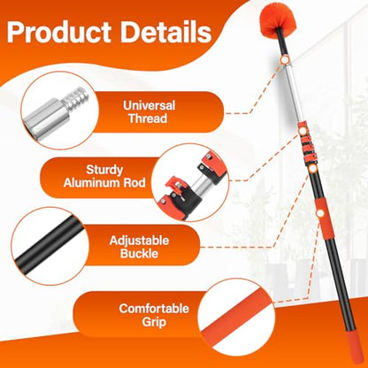 20FT Cobweb Duster with Extension Pole - High Reach Duster for High Ceilings & Outdoor Use - Telescoping Pole 3-12 Ft, Soft Bristles Cobweb Cleaner - 3/4" Acme Universal Thread - size: 12 FT