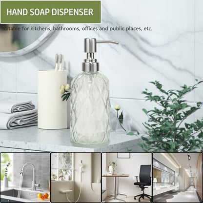 12Oz Clear Glass Soap Dispenser with Stainless Steel Pump, Diamond Design Refillable Kitchen Liquid Hand Soap Dispenser, for Dispense Hand soap, Dish Soap, Lotion, Bathroom, Countertop, Hotel - color: Clear a