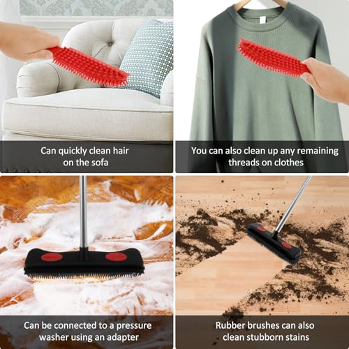 Rubber Broom with Squeegee Efficient Carpet Rake Broom with Adjustable Handle Practical Fur Remover Broom Reusable Detailing Lint Remover Brush Pet Hair Removal Broom for Pet Floor Carpet