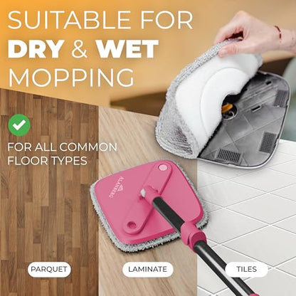 Spin Mop and Bucket Set with Wringer – Dual-Chamber Self Wringing Mop, Flat Microfiber Mop for Hardwood, Tile & Vinyl Floors, 2 Washable Replacement Heads, 63" Handle, Pink - color: Pink