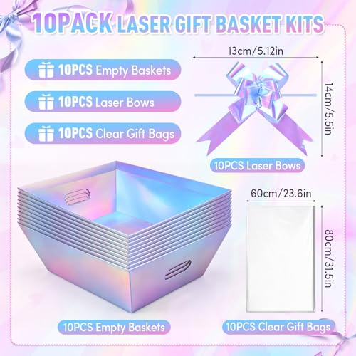 AFOROEOA 10 PACK Laser Gift Baskets for Gifts Empty, 12x10x4” Holographic Iridescent Gift Basket Kit with 10 Bows & 10 Bags - Large Empty Gift Baskets to Fill for Christmas, Weddings, Birthdays, Holiday Gifting Hampers - color: 10 Laser