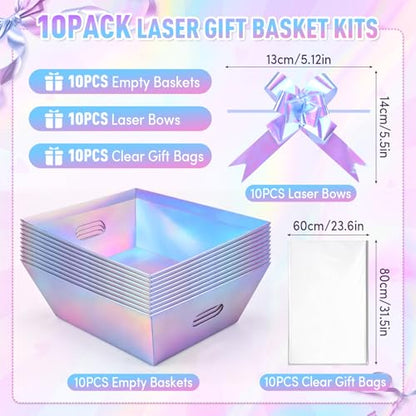 AFOROEOA 10 PACK Laser Gift Baskets for Gifts Empty, 12x10x4” Holographic Iridescent Gift Basket Kit with 10 Bows & 10 Bags - Large Empty Gift Baskets to Fill for Christmas, Weddings, Birthdays, Holiday Gifting Hampers - color: 10 Laser