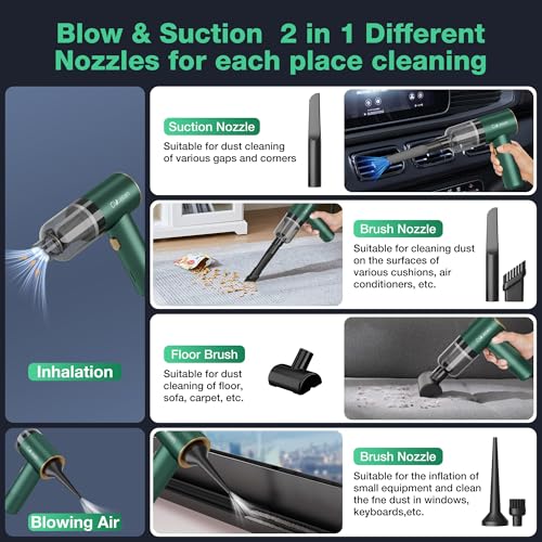 Car Vacuum Portable 4 in 1 Vacuum Cleaner 12000Pa Mini Handheld Vacuum Cordless Rechargeable 120W High Power Vacuum Cleaner & Air Duster Multi-Nozzles for Car Home Office Pet(Green)