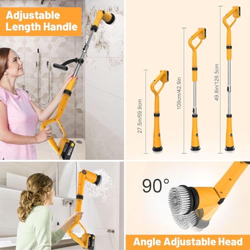 1500 RPM Electric Spin Scrubber for DeWalt 20V Battery, Power Shower Scrubber for Bathroom/Floor/Bathtub/Toilet/Tile,Electric Cleaning Brush with Long Handle & 8 Replaceable Brush (Yellow)