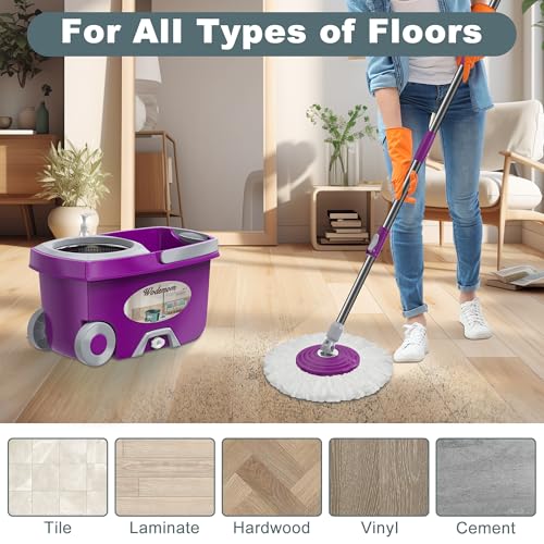 Dual Compartment Spin Mop and Bucket, Mop and Bucket with Wringer Set,360°Rotating Spinning Mopping for Floor Cleaning with 6 Microfiber Replacement Heads, 61" Extended Handle, 2X Wheel - size: Purple Mop Bucket + 6 Mop Heads