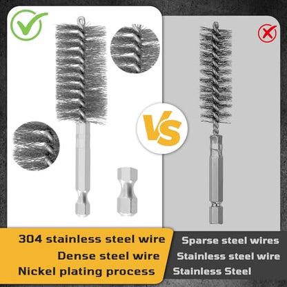 NOOTEASS 27 Pcs Stainless Steel Bore Brush Set, 5/16"-1-1/8" Metal Wire Cleaning Brushes with 1/4" Hex Shank, Abrasive Bore Cleaning Wire Brush for Drill Remove Rust Dirt Pipes Machinery Parts