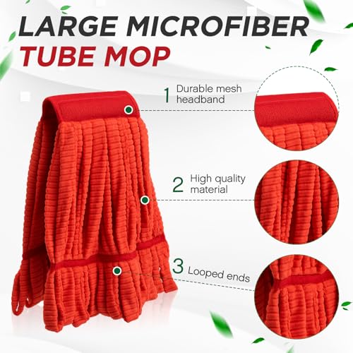 Hushee 6 Pack Large Microfiber Tube Mop Heads 18 oz Heavy Duty Commercial Industrial Wet Mop Head Refill Reusable Machine Washable Looped End Mopheads for Hardwood, Tile, Laminate Floors (Red) - color: Red