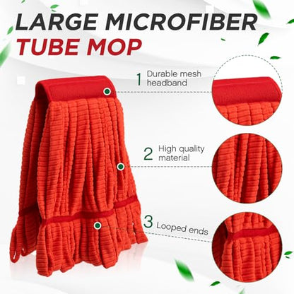 Hushee 6 Pack Large Microfiber Tube Mop Heads 18 oz Heavy Duty Commercial Industrial Wet Mop Head Refill Reusable Machine Washable Looped End Mopheads for Hardwood, Tile, Laminate Floors (Red) - color: Red
