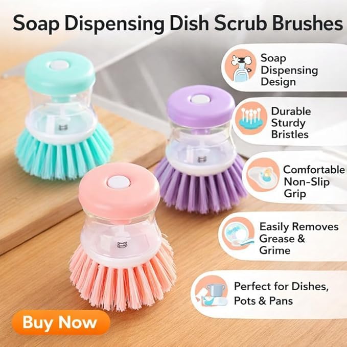 Soap Dispensing Dish Scrub Brush with Liquid Dispenser, Multicolour, Plastic, 3.5 Inches, Kitchen Sink Cleaner Dish Washer and Other Household Cleaner (Pack of 4) - size: PACK OF 4