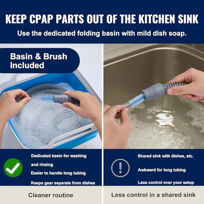 CPAP Cleaning Kit with Collapsible Wash Basin (2.4 Gal / 9 L), Long Hose Brush & Mask Brush, Drying Hook, Mesh Storage Bag; Fits 22 mm Standard & 15 mm Slim Tubes (Basic) - color: Basic