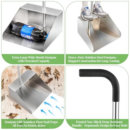 32In Extra Large Dust Pan with Long Handle,Heavy Duty Metal Dust Pan for Jumbo Debris Pan-Commercial Stand up Dustpan,Wide Mouth Outdoor Dustpan for Courtyards/Garage/Sidewalks-Professional Cleaning