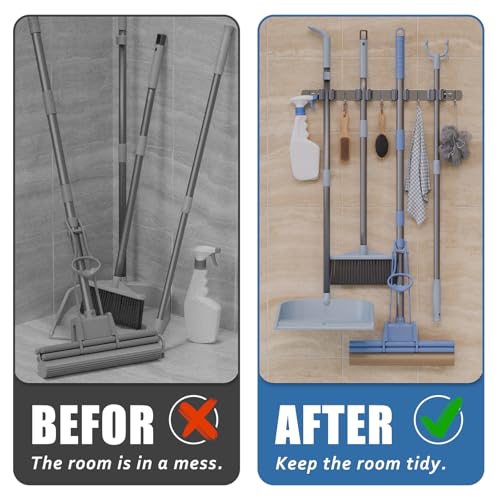 Mop Broom Holder Wall Mount, 4 Racks 5 Hooks Stainless Steel Storage Organizer for Home, Kitchen, Garden, Laundry room, Garage tool storage