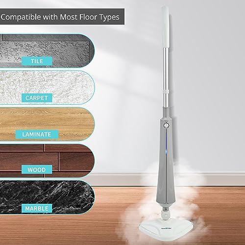 True & Tidy Multi-Surface Steam Mop with Machine Washable Microfiber Pads, Carpet Glider, Water Cup, Compatible with Most Floor Types, 1300watts (Steam Mop, Gray)