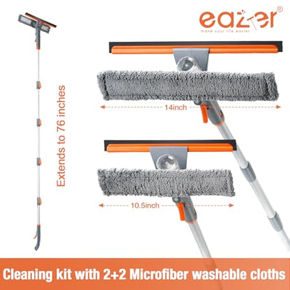 Eazer 3-in-1 Spray Window Squeegee Cleaner, 76" Window Washing Kit with 5-Section Extension Pole, Microfiber & Chenille Pads, Glass Wiper for Indoor/Outdoor & Car