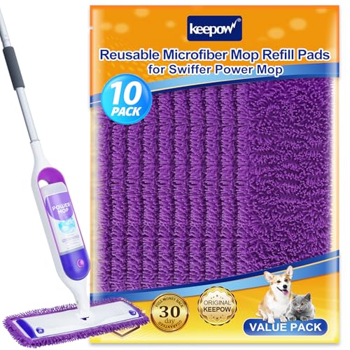 KEEPOW 10 Pack Reusable Mop Pads Compatible with Swiffer PowerMop, Microfiber Mop Pads Refills Machine Washable, Durable, and Highly Absorbent Suitable for All Floor Types - color: Purple-10 Pack