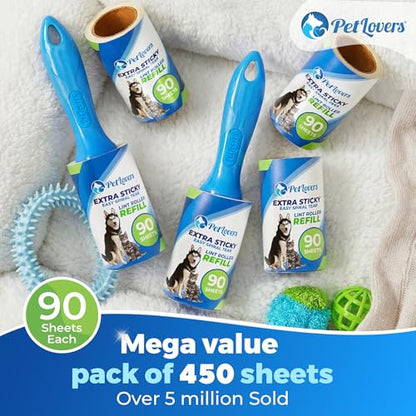 PetLovers Extra Sticky Lint Roller Mega Value Set 450 Sheets for Pet Hair Removal and Clothes, Dog and Cat Lint Remover 5 Pack - size: 5 Pack