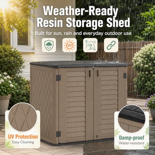 ADDOK 26 Cu.Ft Outdoor Storage Shed with Floor,Large Waterproof Resin Storage Cabinet with Lift-Up Lid,Double Doors and Lockable Design for Lawn Mower,Garden Tools, Patio,Backyard and Pool Supplies - size: 26 Cu.Ft-Brown