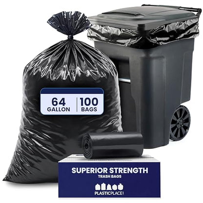 Plasticplace 64-65 Gallon Trash Can Liners for Toter │ 1.2 Mil │ Black Heavy Duty Garbage Bags │ Rolls │ 50” x 60” (100 Count) - size: 100 Count (Pack of 1)