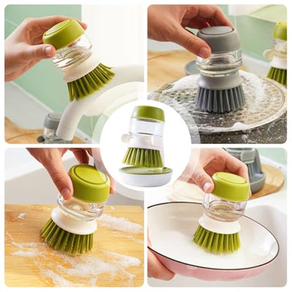 Dish Brush with Soap Dispenser, Dishwashing Kitchen Scrub Brushes Dish Scrubber with Holder Drip Tray, for Cleaning Pan, Pot, Sink (A-Green) - color: A-green