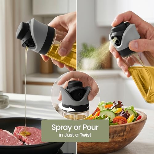 DWËLLZA KITCHEN Olive Oil Dispenser for Kitchen 2-in-1 Pour and Spray | 11.5 oz / 340 ml | Glass Olive Oil Sprayer for Cooking, Airfryer, Salad & BBQ | Set of 2 Bottles, Black - color: Black