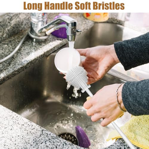 360° Silicone Bottle Brush, Soft Bristle Cup Cleaner Brush Long Handle Flexible Water Bottle Cleaning Brush for Lid Teapots Bowls Containers Narrow Area (White)