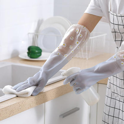 1 Pair M Code Reusable Rubber Dishwashing Gloves,Long Waterproof Cleaning Gloves with Elastic Cuffs for Kitchen Laundry Gardening Household(Blue)
