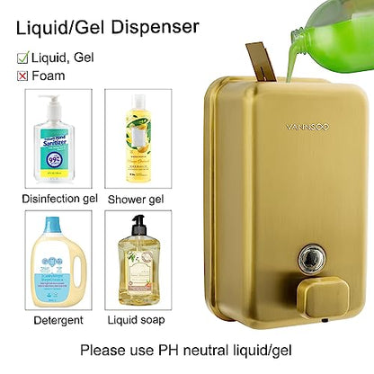 Wall Mounted Hand Soap Dispenser Bathroom, 1200ml 40oz Commercial Stainless Steel Liquid Soap Dispenser Wall Mount (Vertical Gold) - color: Vertical Gold
