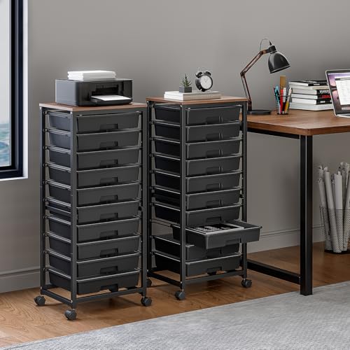 SYKIARIOL Rolling Cart with Drawers,10 Drawer Rolling Cart,Storage Cart,Utility Cart,Teacher Cart for Classroom Storage,Craft Cart with Wheels and Wooden Tabletop,Black - color: Black
