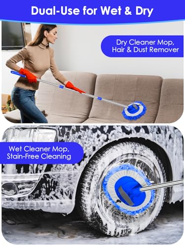 2 in 1 Lightweight Wall Cleaner Mop with Long Handle 75" 190cm Lint-Free Duster Cleaning Tool 2 Replacement Microfiber Chenille Pads for Kitchen Baseboard Ceiling Floor Window Door Scrubber Brush,Blue - color: Blue